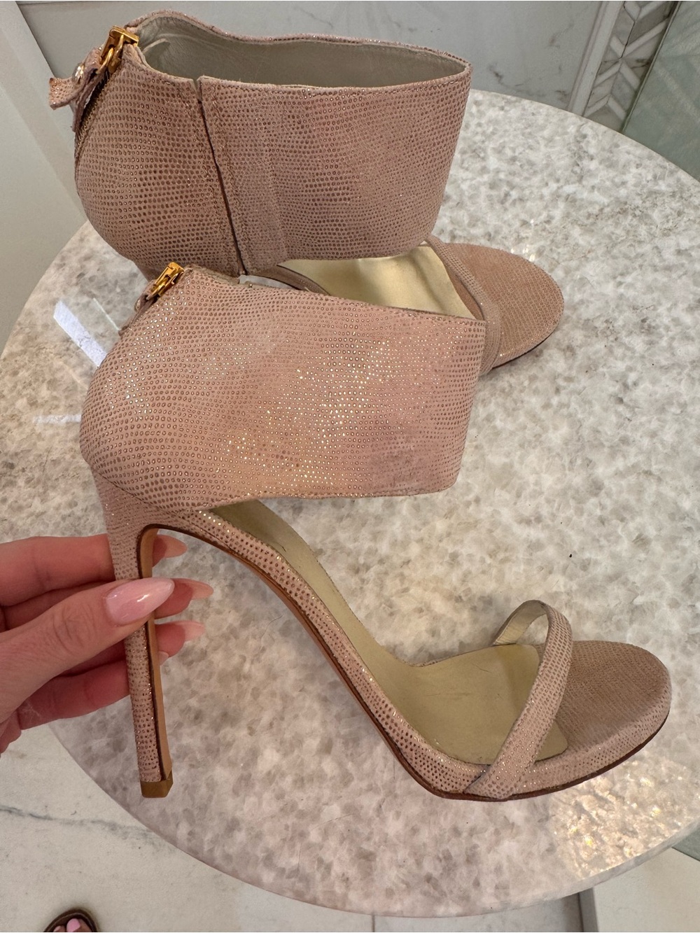 Stuart Weitzman Blush Pink Glitter Ankle-Cuff High Heel Sandals